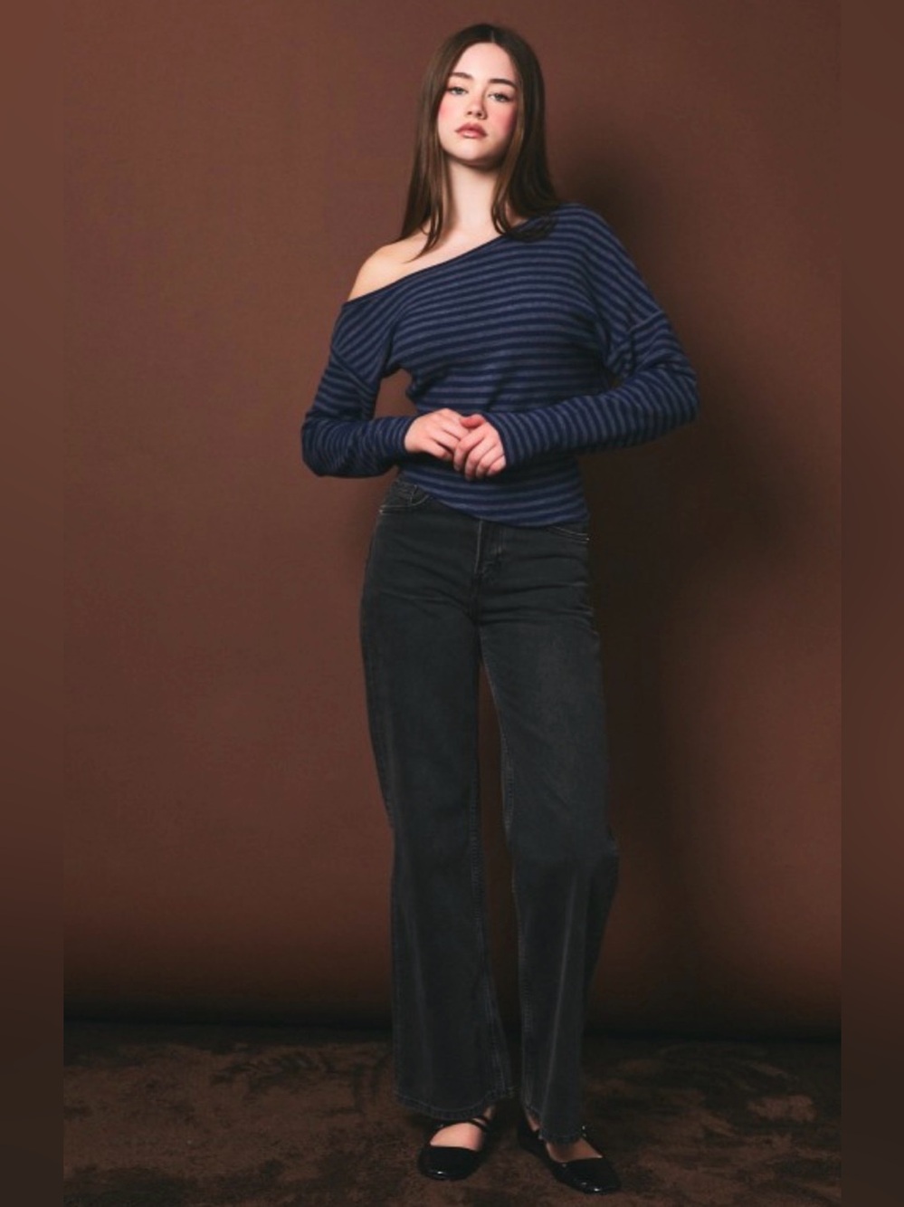 Striped Off-Shoulder Navy Blue Sweater